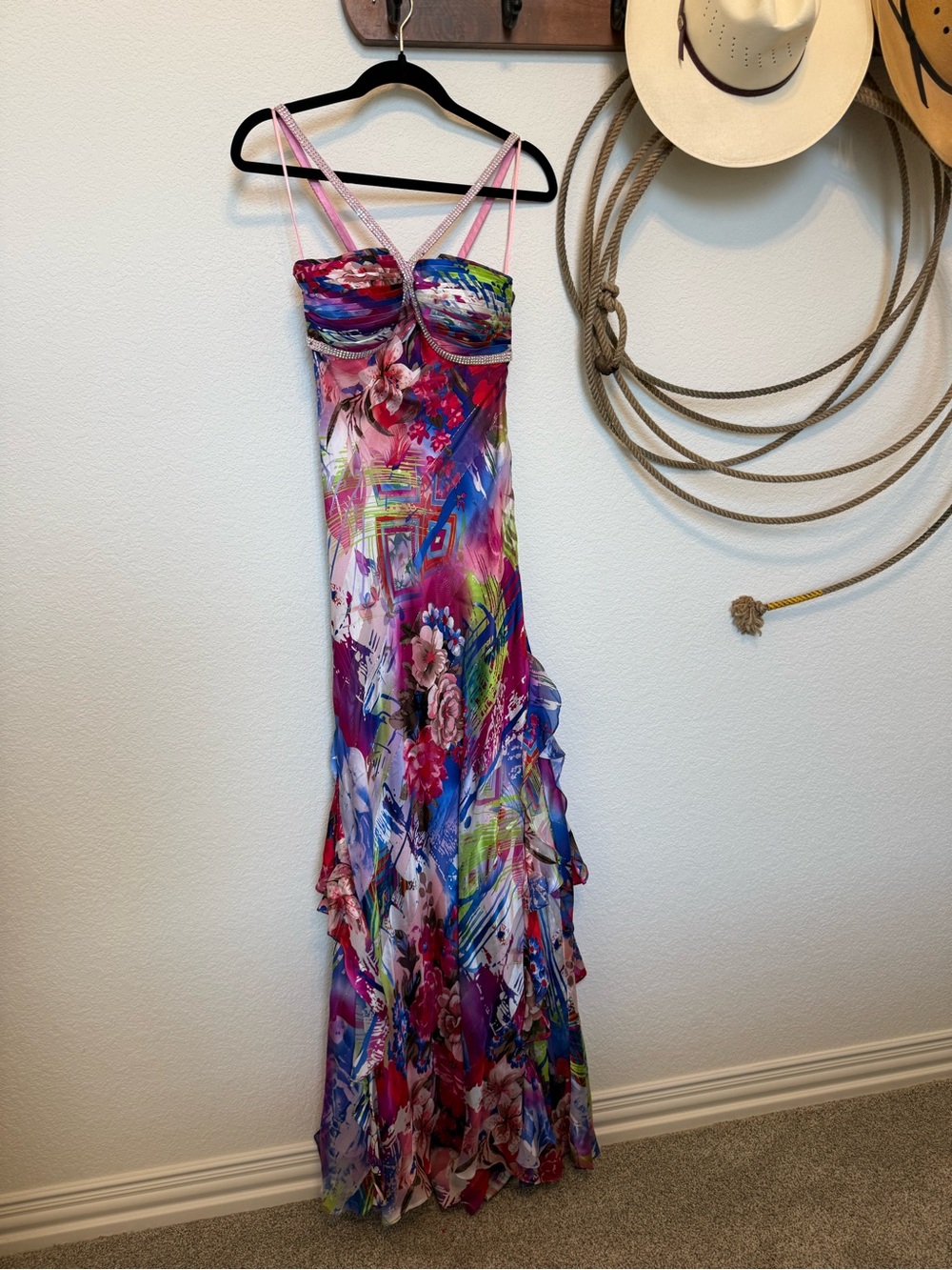 VINTAGE Y2K Caché 100% Silk Ruffle Floral Maxi Gown – Size 0 ✨✨✨ - Picture 6 of 13